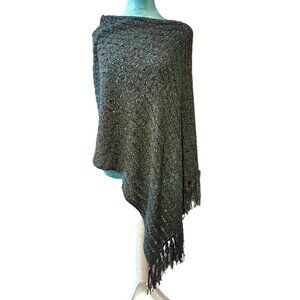 NWT Coldwater Creek Vintage 2-Tone Knit Poncho Shawl Fringe Brown Turquoise OS